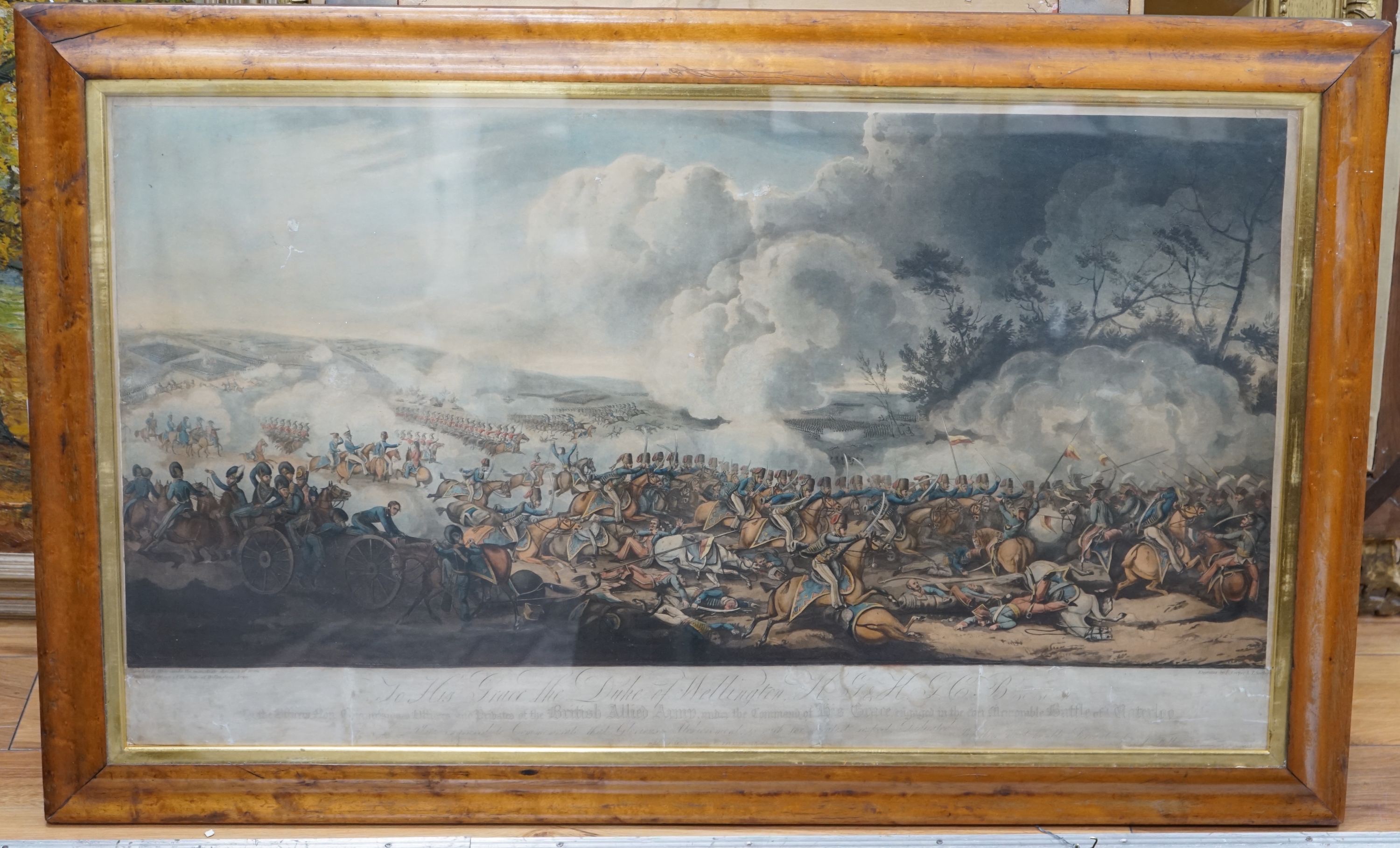 Cooper and Sutherland after Henry Allon, hand coloured aquatint, 'The Battle of Waterloo', published by S & J Fuller 1816, 56 x 100cm, maple framed